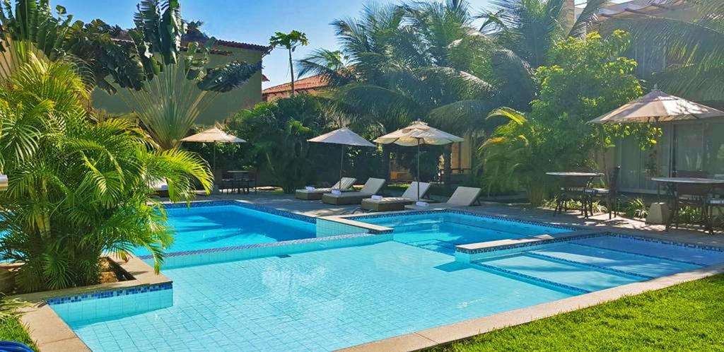 Outdoor swimming pool surrounded by palms at Ravenala Hotel Boutique